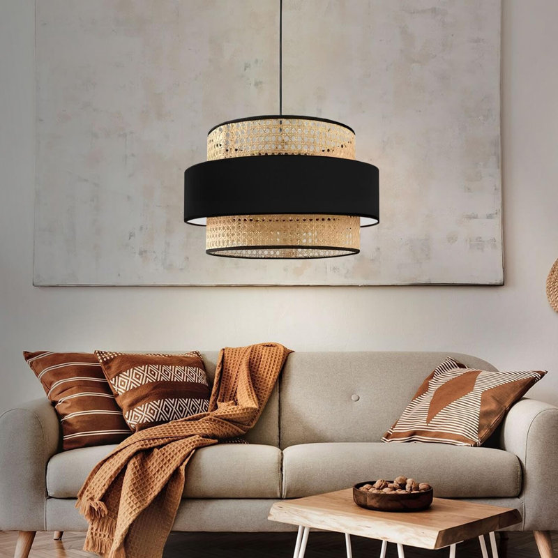 Lustre élégant en rotin, noir et beige, 28,3 po x 11,8 po | Hauteur réglable de 27,6 à 31,5 pouces | Douille E27, 40 W maximum | Élégant luminaire pour décor de salle à manger, de salon ou de vestibule