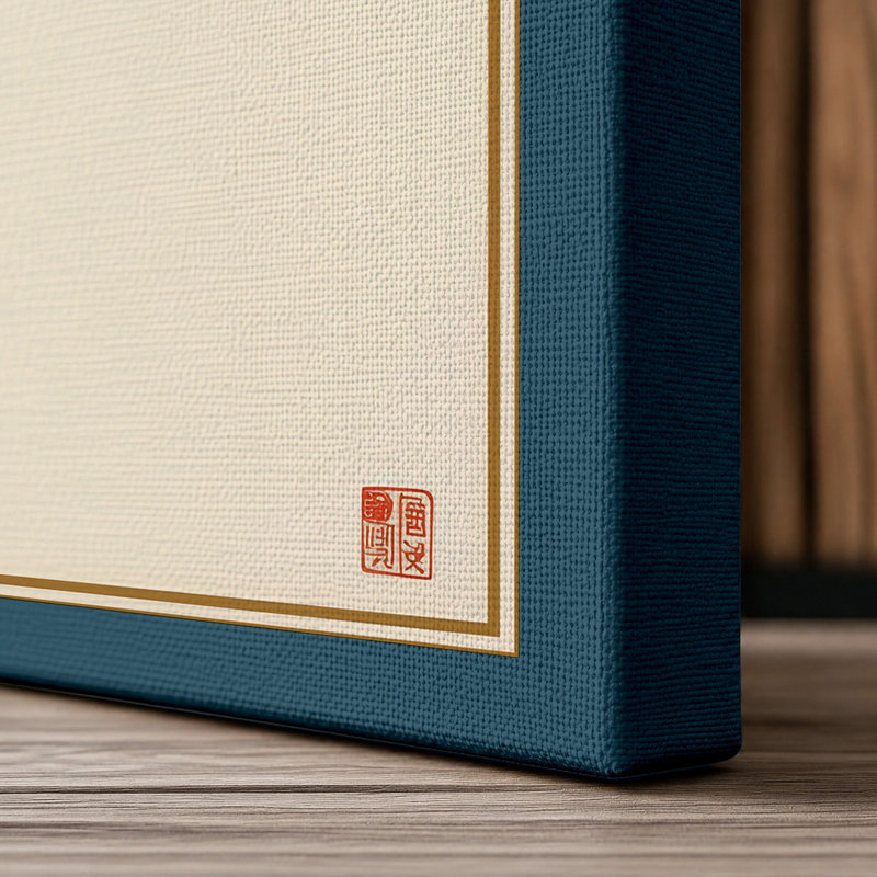 Plum Blossom Calligraphy Japandi - Wrapped Canvas, 36x24 - 91.4 x 61.0 cm, Teal Border