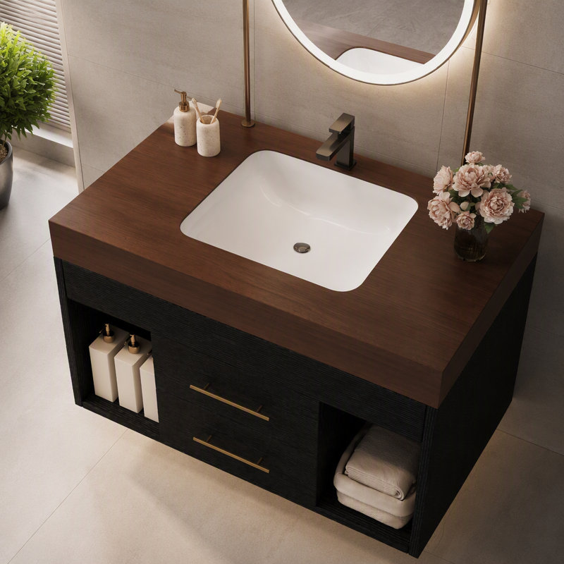 Ensemble de meuble-lavabo mural flottant 29,9 po, Noir, noyer