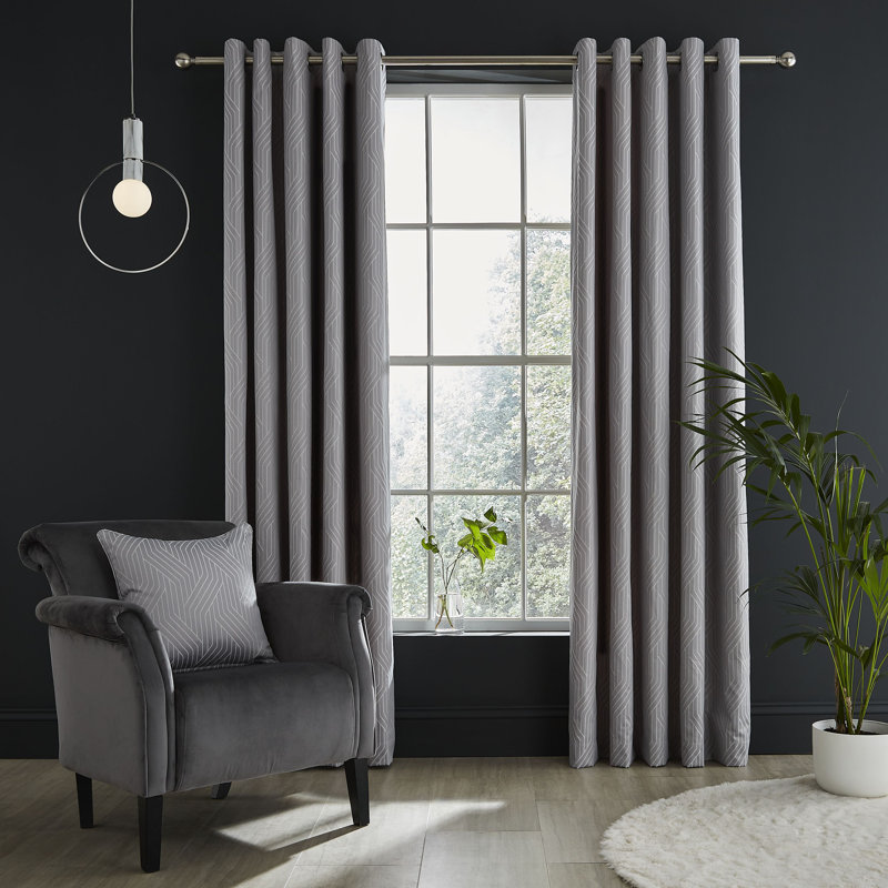Linear Geo Jacquard Lined Eyelet Curtains, 168cm W x 229cm D