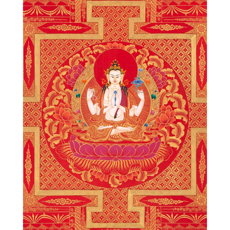 Mandala Chengrezig sur fond rouge (Thangka sans brocart)