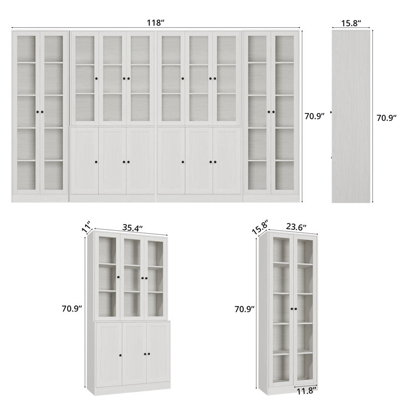 White Book Cabinet Storage Bookcase, 5-Tier Modern Bookshelves With 3 Large Drawer And Glass Door(2C+2D)