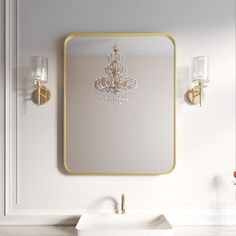 Élégant miroir encadré en aluminium avec coin arrondi pour une décoration intérieure élégante, 32 po x 40 po, Or brossé