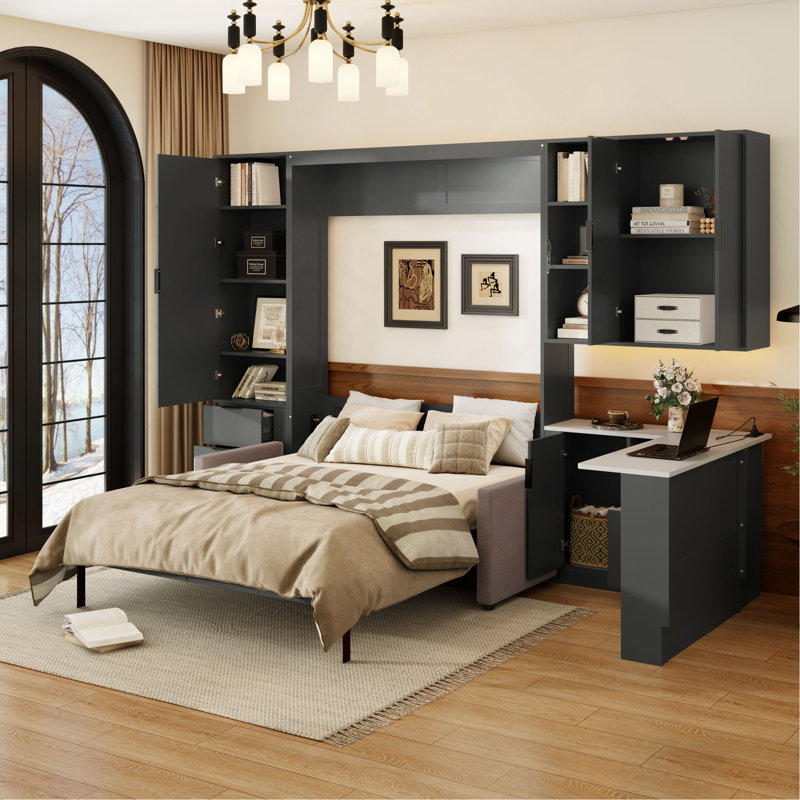 Grand lit escamotable mural avec rangement hydraulique, canapé, tablettes et tiroirs, éclairage DEL / USB, Gris