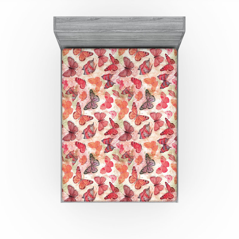 Microfiber Fitted Sheet, Full Fitted Sheet, Butterflies Coral Salmon Dried Rose
