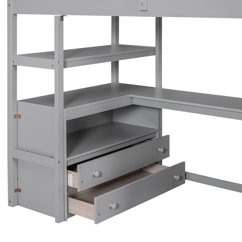 Lit mezzanine simple avec bureau, escalier de rangement et tablettes en gris, détails de fabrication sécuritaire, Gris