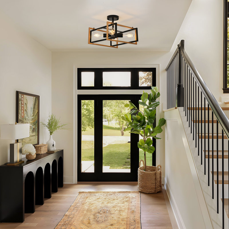Juvraj 4-Lights Semi Flush Mount Ceiling Light With Metal Cage, Black/Gold