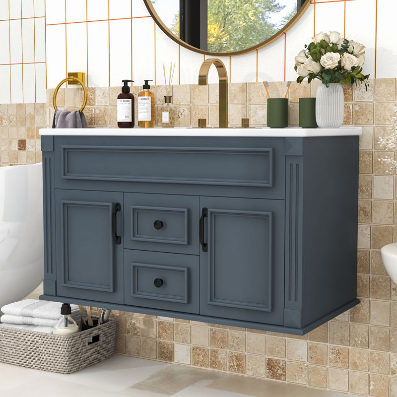 Meuble-lavabo flottant mural avec lavabo en céramique, portes et tiroirs à fermeture en douceur, Blue
