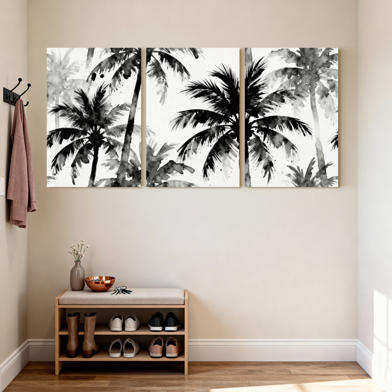 Palmiers en noir et blanc, ensemble de 3 impressions sur toile, H 18 po x l 36 po