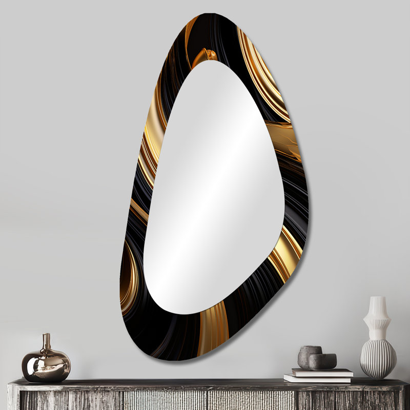 Abstrait or liquide et tourbillon noir I - Grand miroir mural irrégulier moderne à formes 3D abstraites