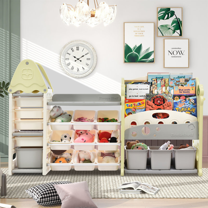 Kids Bookshelf Toy Storage Organizer With 17 Bins And 5 Bookshelves,Multi-functional Nursery Organizer Kids Furniture Set Toy Storage Cabinet Unit with HDPE Shelf and Bins
