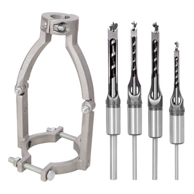 Square Hole Mortising Chisel Bit Set, Carbon Steel, 1 Piece, Silver, 4 Sizes (1/4"-1/2") with Drill Press Adapter