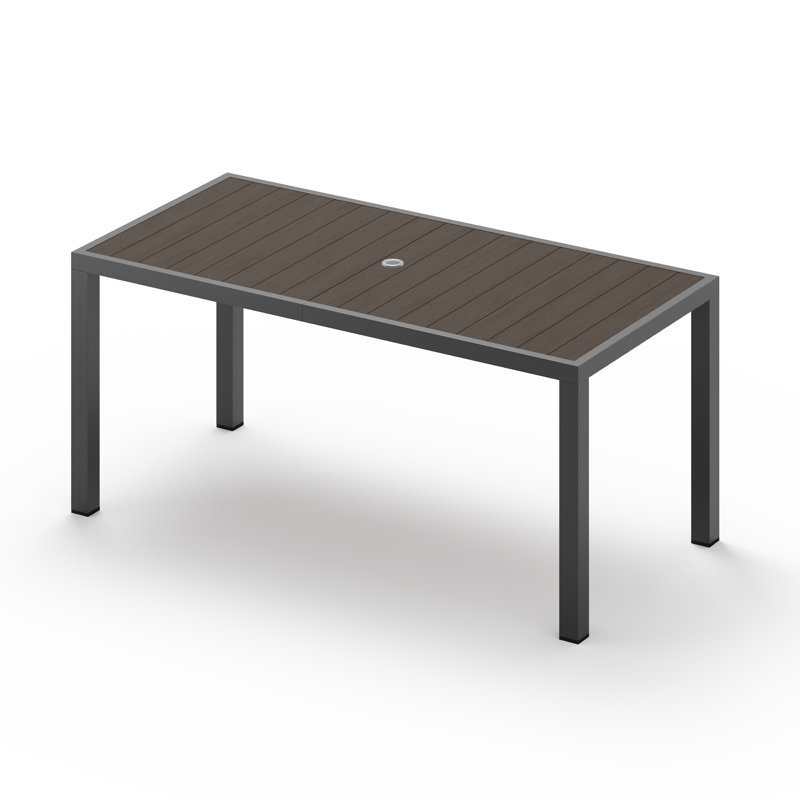 Table de jardin rectangulaire de 170 cm (67 po) avec structure en aluminium, plateau en polystyrène expansé imitation bois et trou pour parasol de 4 cm (1,6 po).