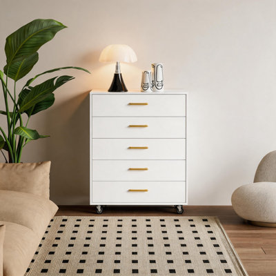 Commode blanche à 5 tiroirs avec poignées, armoire de rangement fonctionnelle blanche