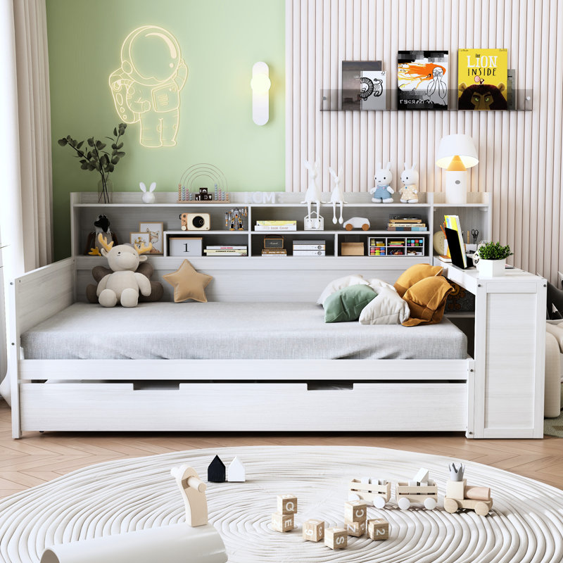 Wooden Daybed With Storage Shelves, Twin Trundle And Study Desk, Antique White Full Size Trundle, Productive Desk Bed, Full 