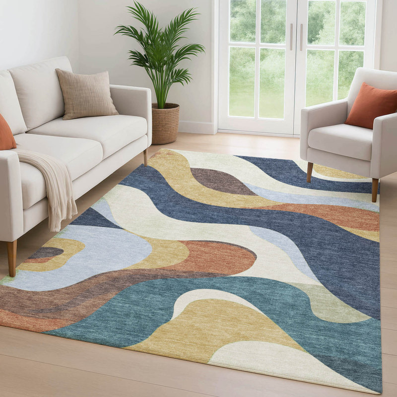 Premium Machine Washable Mayfield AMF2186 swirls Rug, Gold, 3' x 5'