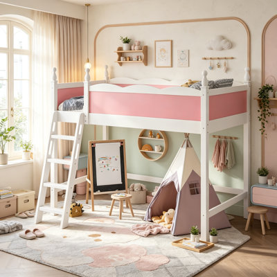Solid Wood Loft Bed with Full Surround Guardrails for Small Bedroom, Modern High Loft Bed with Safety Guardrails for Kids Teens, Twin Size, Pink+White