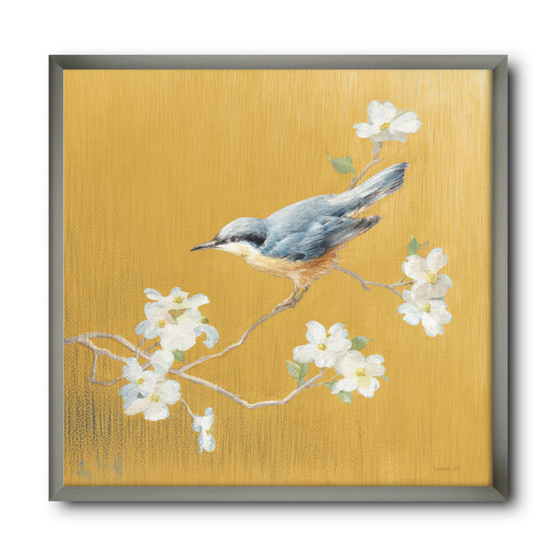« gold oiseau on florals ii », reproduction d’image sur toile, Cadre argenté, H 30 po x l 30 po x P 1 po