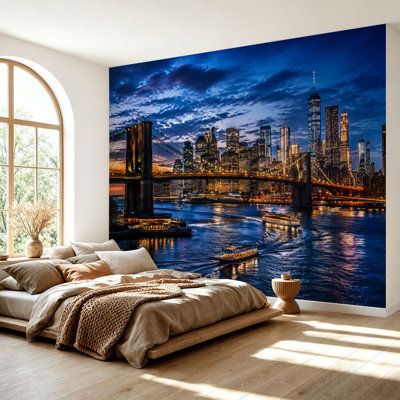 Wall Mural Peel and Stick Wallpaper Brooklyn Bridge Skyline Night Illuminated Skyscrapers Reflective Water Self-Adhesive Removable Contact Paper Wall Decor for Living Room Bedroom 69"H x 96"W