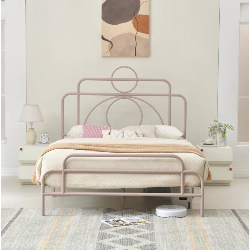 Metal Bed with Headboard and Footboard,No box Spring,Wooden Slat, Queen, Pink