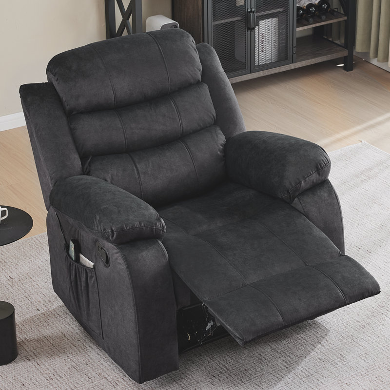 Fauteuil inclinable manuel Lacreta de 37 po de large, dossier souple en chenille, fonction massage et chauffage, noir