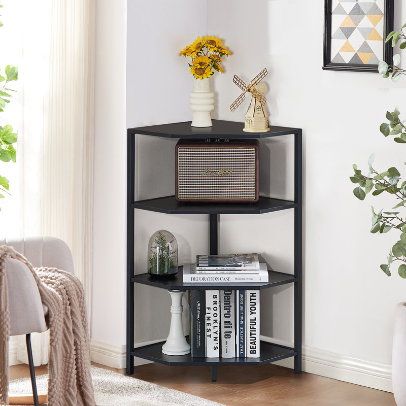 Kempst 4-Tier Corner End Table Triangular Sofa Table Corner Cabinet For Living Room, Black Top/ Black Base