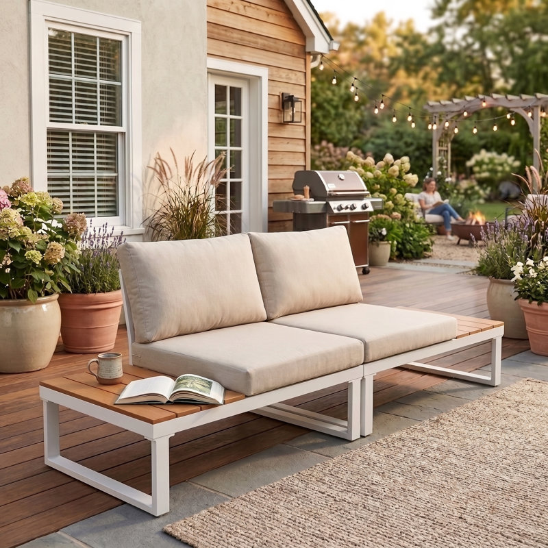 Antjelina 2 - Person Outdoor Loveseat with Cushions & Side Table, White/Wood, Light Gray