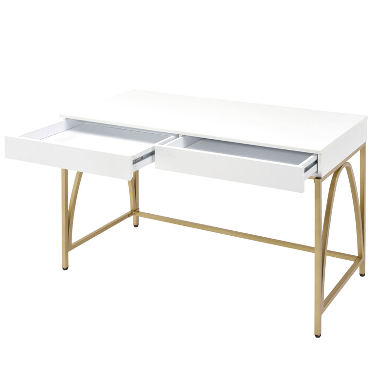 Bureau 2 tiroirs blanc ultrabrillant avec base à tréteaux en métal doré pour bureau d'étude Comprendre les tiroirs, la base et la productivité des éléments en bois