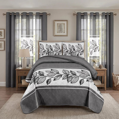 9-Piece Grey Botanical Microfiber Bedspread & Curtain Set with 2 Shams and 6 Light-Filtering Grommet Curtain Panels