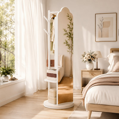 360° Freestanding Rotating Full Length Mirror with Coat Rack and Jewelry Storage in White