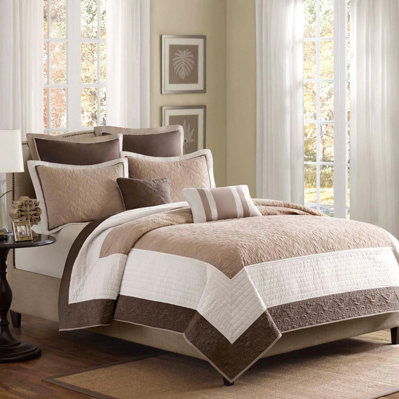 Ensemble de courtepointe en coton 7 pièces, Courtepointe double + 6 pièces supplémentaires, Beige