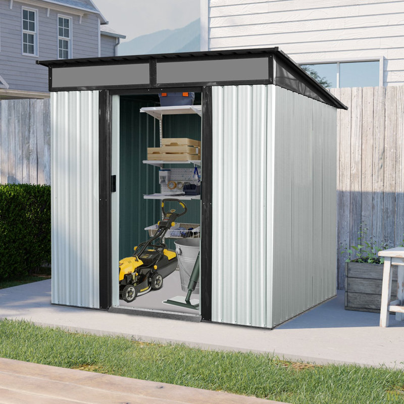 6Ft X 5Ft Outdoor Metal Storage Shed With Lockable Sliding Doors And Transparent Plate For Garden, Lawn, White/Black