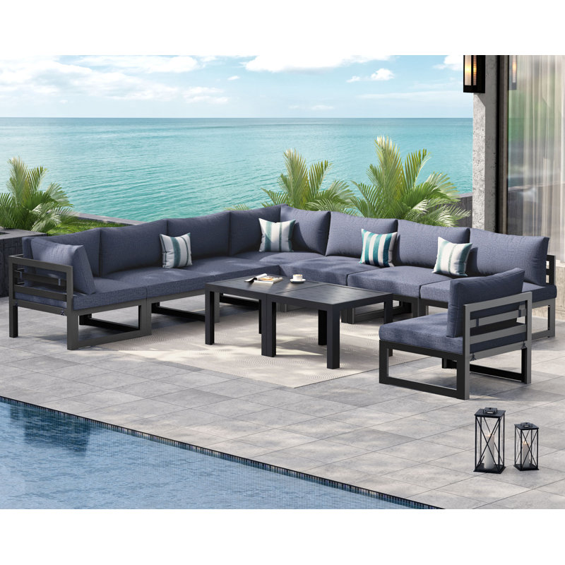 Gillean 8 - Person Modern Aluminum Outdoor Sectional Seating Group with Cushions & Coffee Table, Rust-Resistant Patio Conversation Set