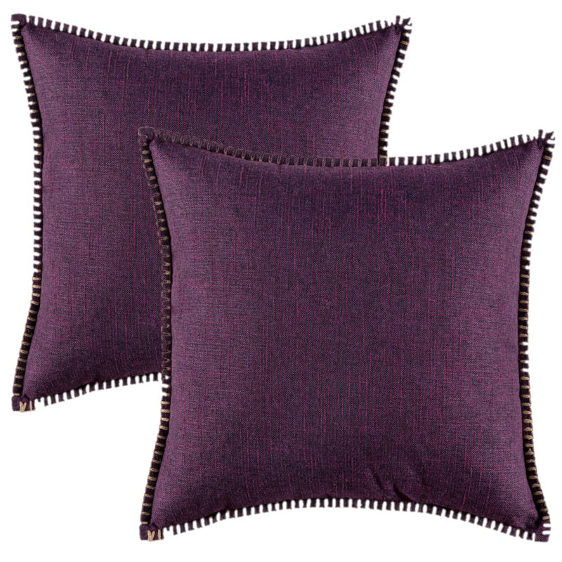 Ensemble de 2 coussins en lin à garniture décorative (inséré inclus), Carré, Mauve, H 16 po x l 16 po