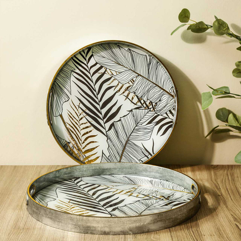 Akasya 2 piece Glass Decoration Tray for Living Room Decor, Agate Design Round Plastic Serving Tray, White/Black/Gold