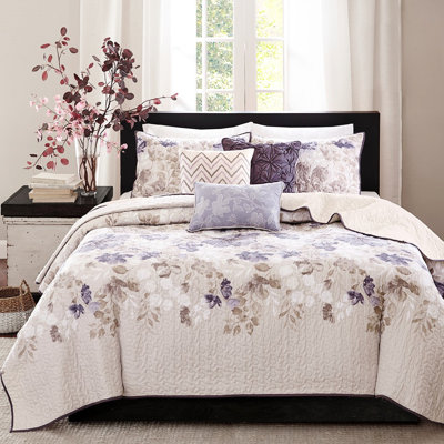 6 pièces de courtepointe imprimée, taupe, double / grand, motif floral aquarelle, réversible en microfibre, luxueuse et douce décoration de coussins pour lit double / grand, literie confortable et élégante