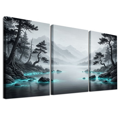 Ensemble de 3 toiles murales représentant un paysage de montagne brumeux avec des rochers cyan lumineux