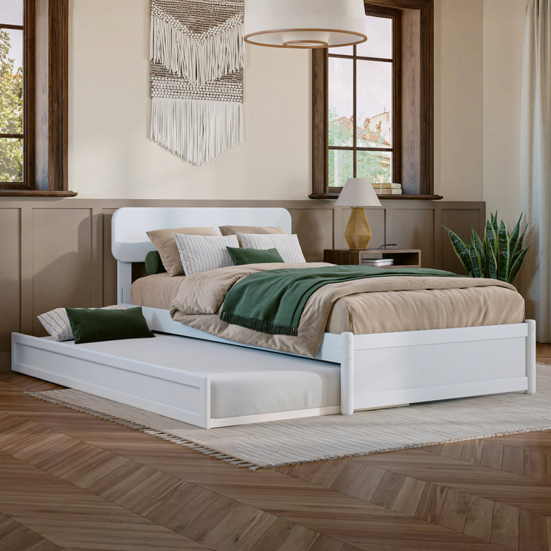 Lit plateforme en bois massif avec lit gigogne assorti Ause, Simple TG, Blanc