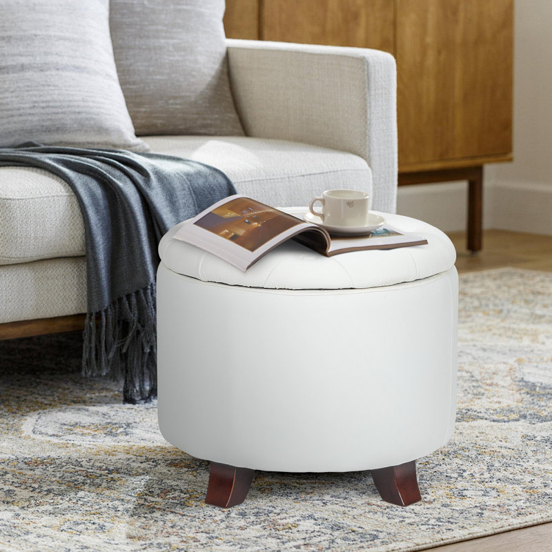 Storage Ottoman With Padded Seat, Modern PU Leather Footrest, Round Stool For Living Room Bedroom, White