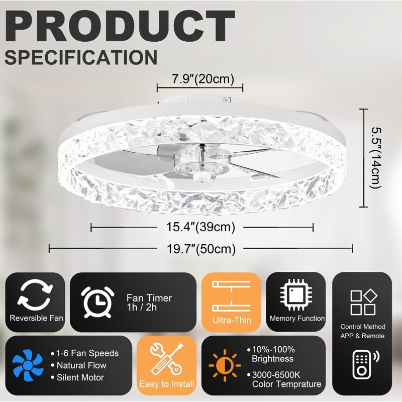 19.7 Inch Flush Mount Ceiling Fan with Dimmable 3-Color LED Light, Quiet 6-Speed DC Motor, Dual Remote & APP Smart Control for Bedroom & Living Room Fandelier