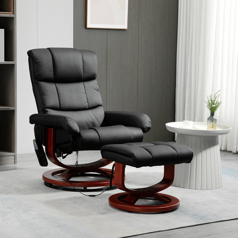 Fauteuil inclinable de massage avec repose-pieds, fauteuil inclinable pivotant et repose-pieds, fauteuil inclinable en similicuir avec télécommande, 10 points de vibration et poche latérale, noir
