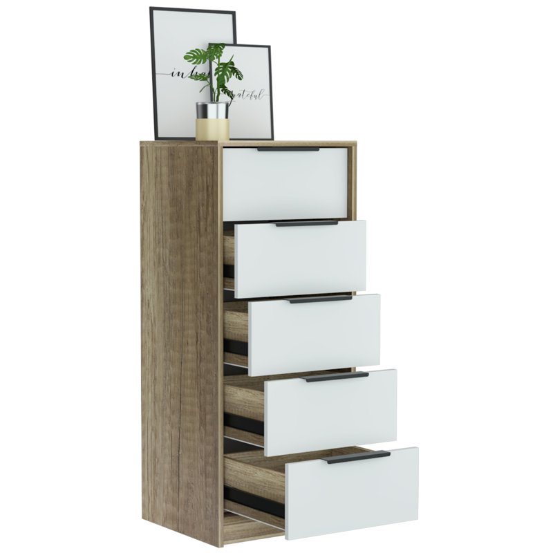 Kaia 5 Drawer Dresser, Vertical Dresser, Light Oak/White
