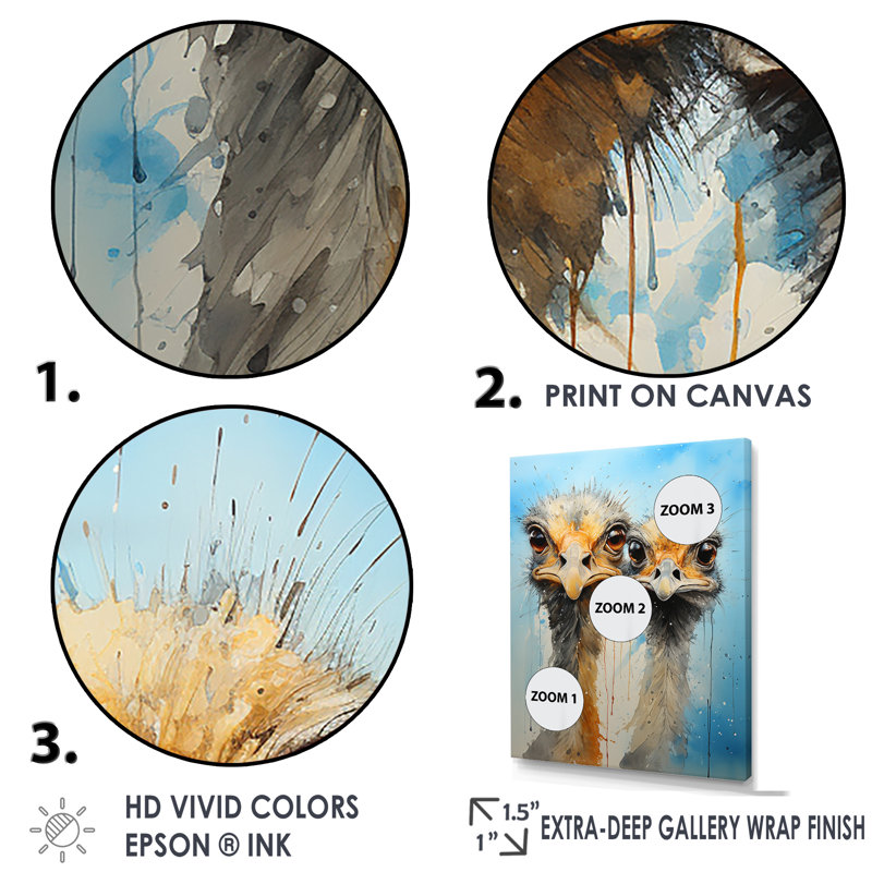 Vibrant Ostriches Portrait Wrapped Canvas Wall Art