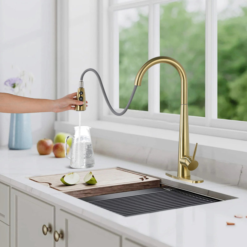Pull Down Single Handle Kitchen Faucet, Brushed Gold
