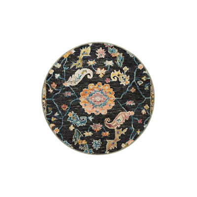 Black Themed Motif Ethnic Flower Patterned Vintage Decorative Rug
