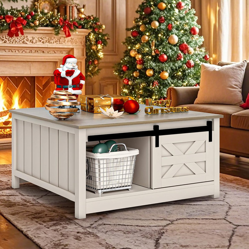Table basse de rangement Farmhouse: table centrale carrée en bois avec porte de grange coulissante, rangement semi-ouvert pour le salon, chêne clair
