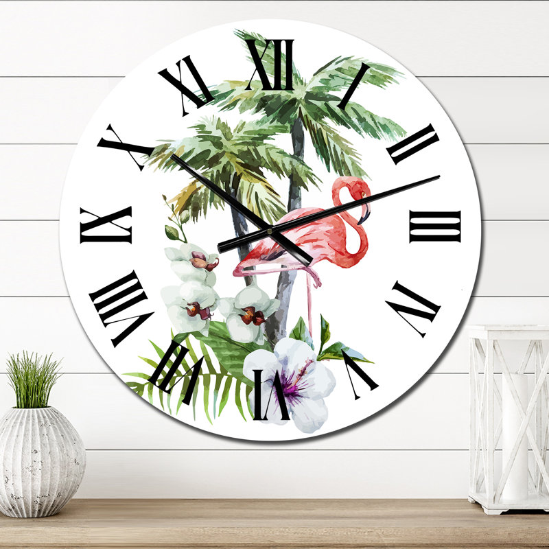 Flamant rose avec palmiers et fleurs I - Horloge murale traditionnelle, Petit