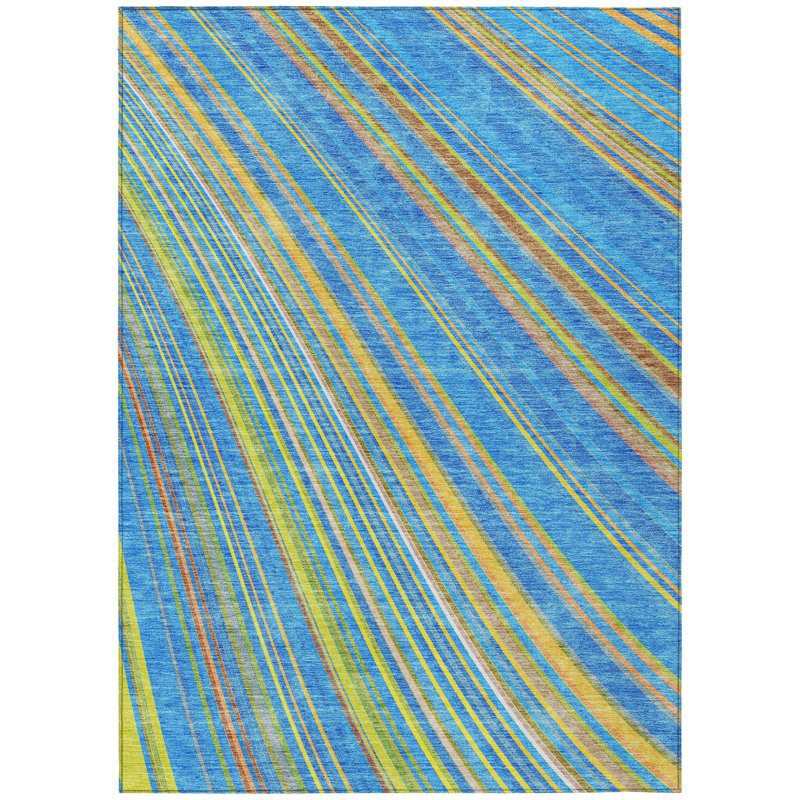 Tapis extérieur lavable rayé bleu ciel et doré 10 pi x 14 pi