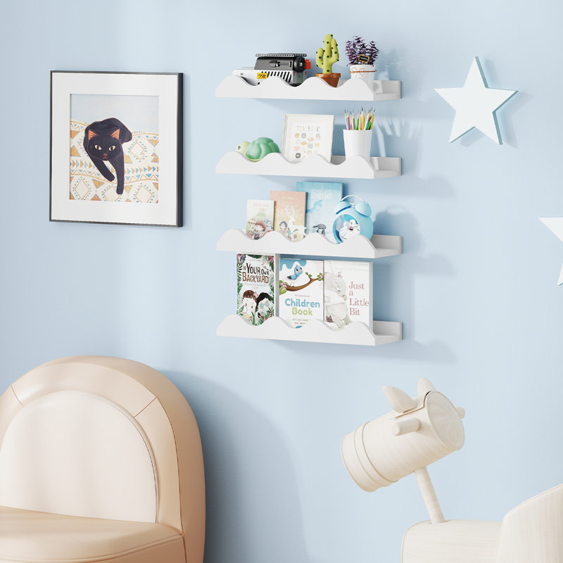 Ensemble de 4 bibliothèque pour enfants avec structure en bois de sapin et bord ondulé blanc, 2" H x 16" W x 5" D