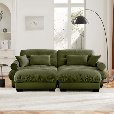 Chaise longue surdimensionnée en velours de 231 cm avec repose-pieds, fauteuil lounge d'intérieur vintage rembourré avec accoudoirs cylindriques pour salon